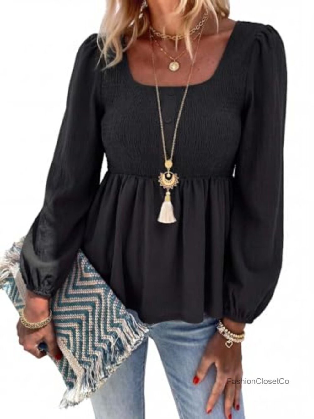 Peplum Tops Square Neck Smocked Puff Long Sleeve Blouses Babydoll Shirts